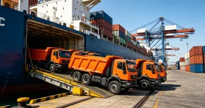 Heavy Duty Dump Trucks Loading on Vessel For Worldwide Shipment