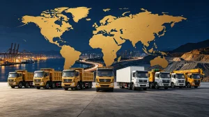 Batch of Chinese export heavy trucks prepared for worldwide project delivery.