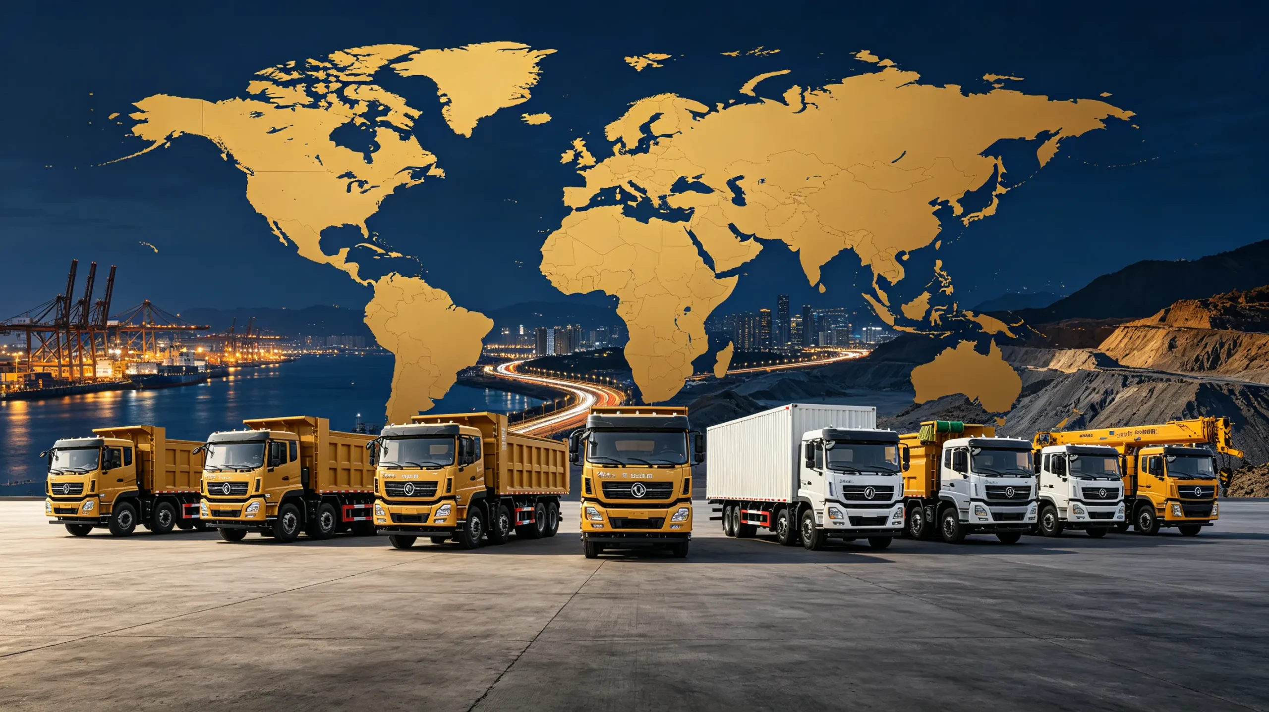 Batch of Chinese export heavy trucks prepared for worldwide project delivery.