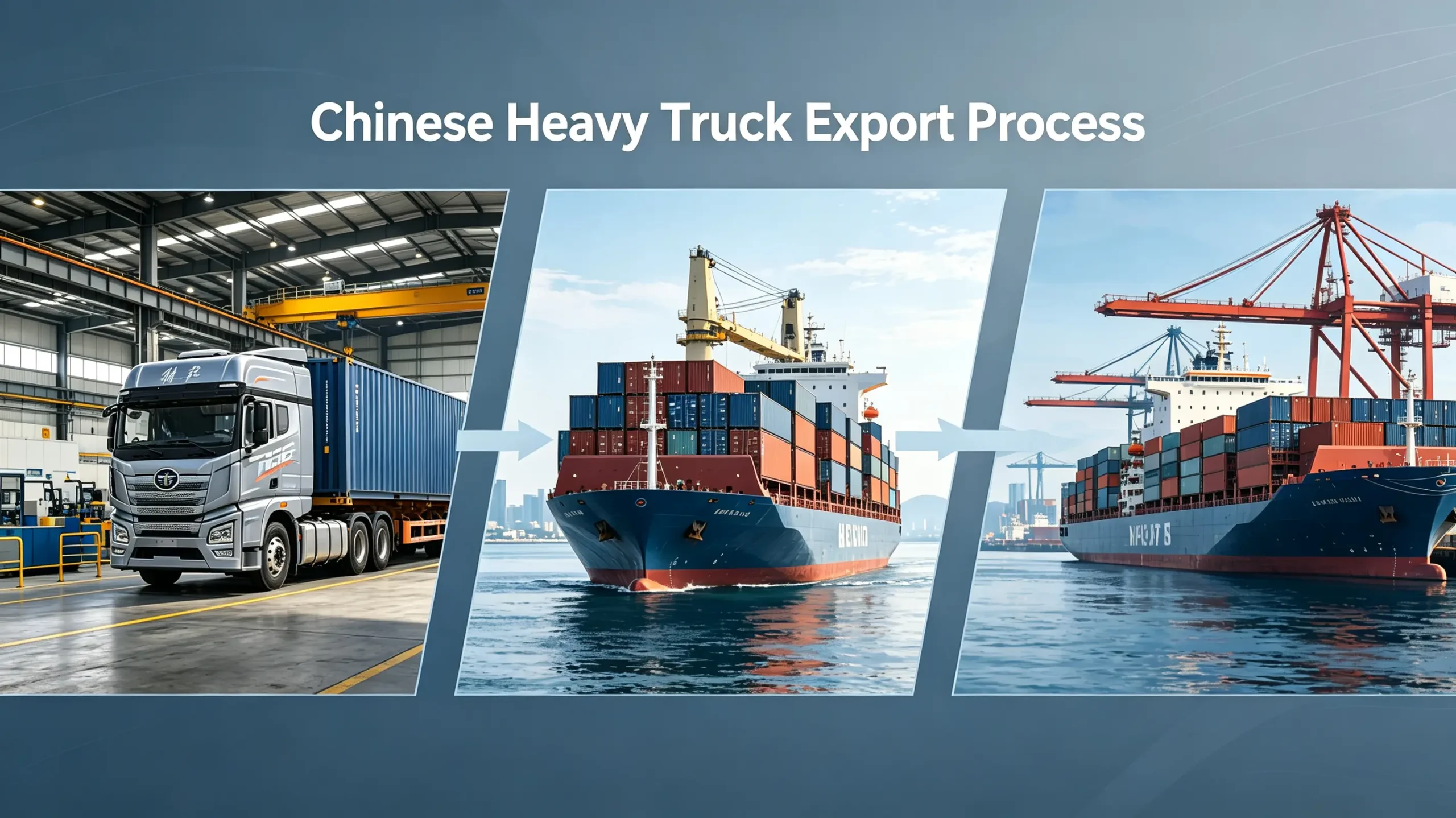 Infographic showing full export process for Chinese heavy trucks to worldwide buyers.