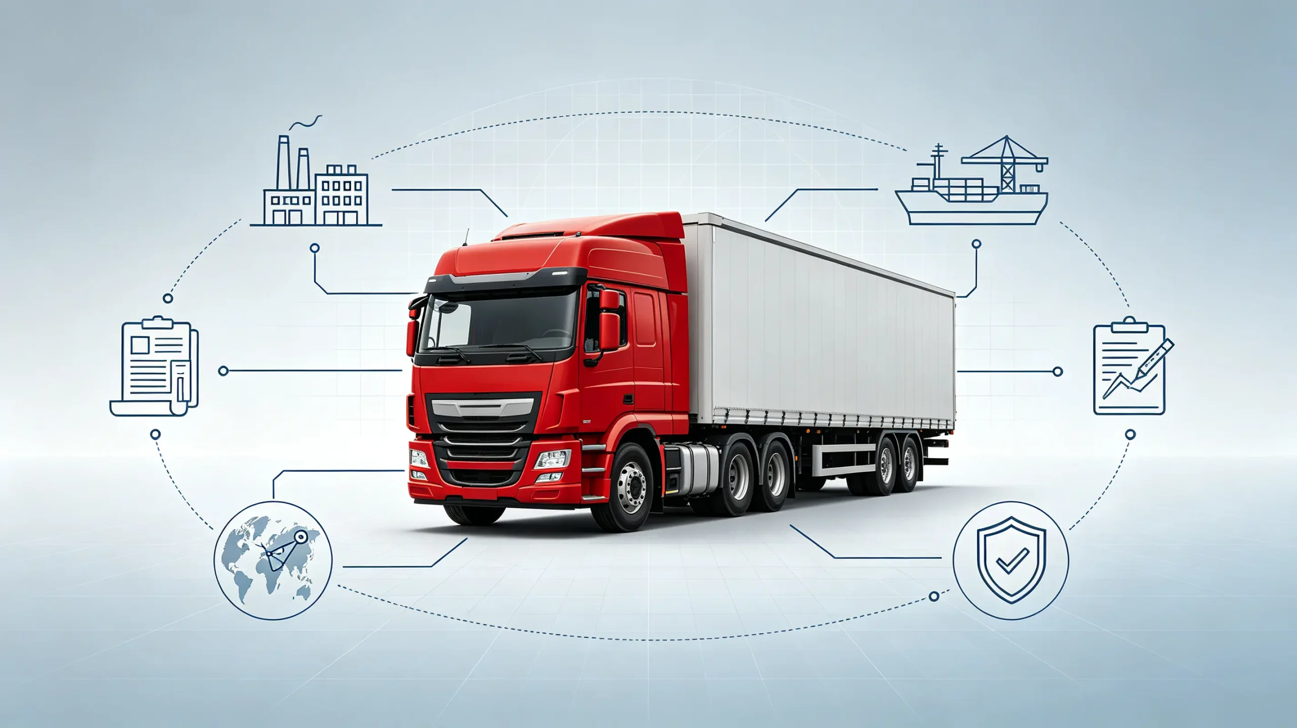Infographic showing full supply chain of Chinese heavy trucks for export for international buyers