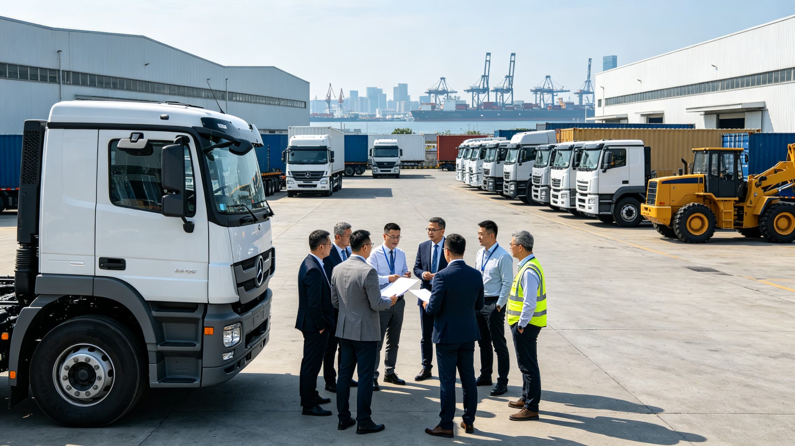 Global buyers visiting Chinese truck manufacturer, discussing factory direct export trucks for construction and logistics
