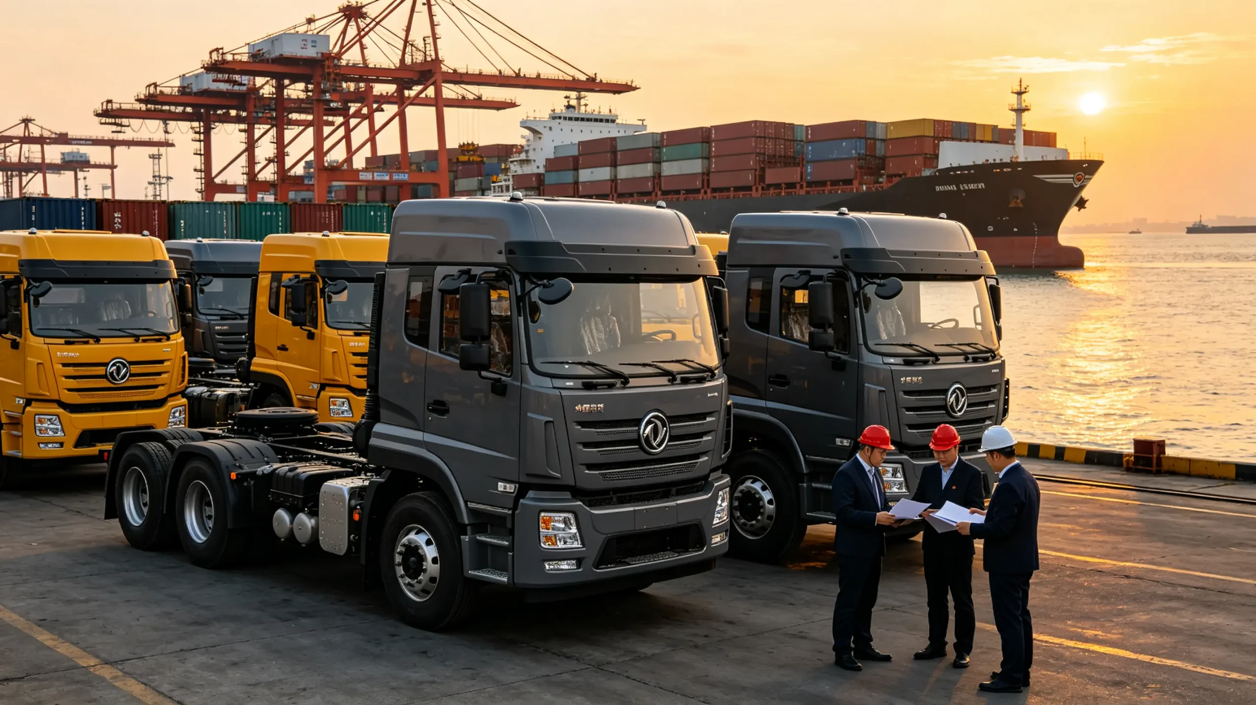 China truck export services with flat-cab trucks ready for global shipment