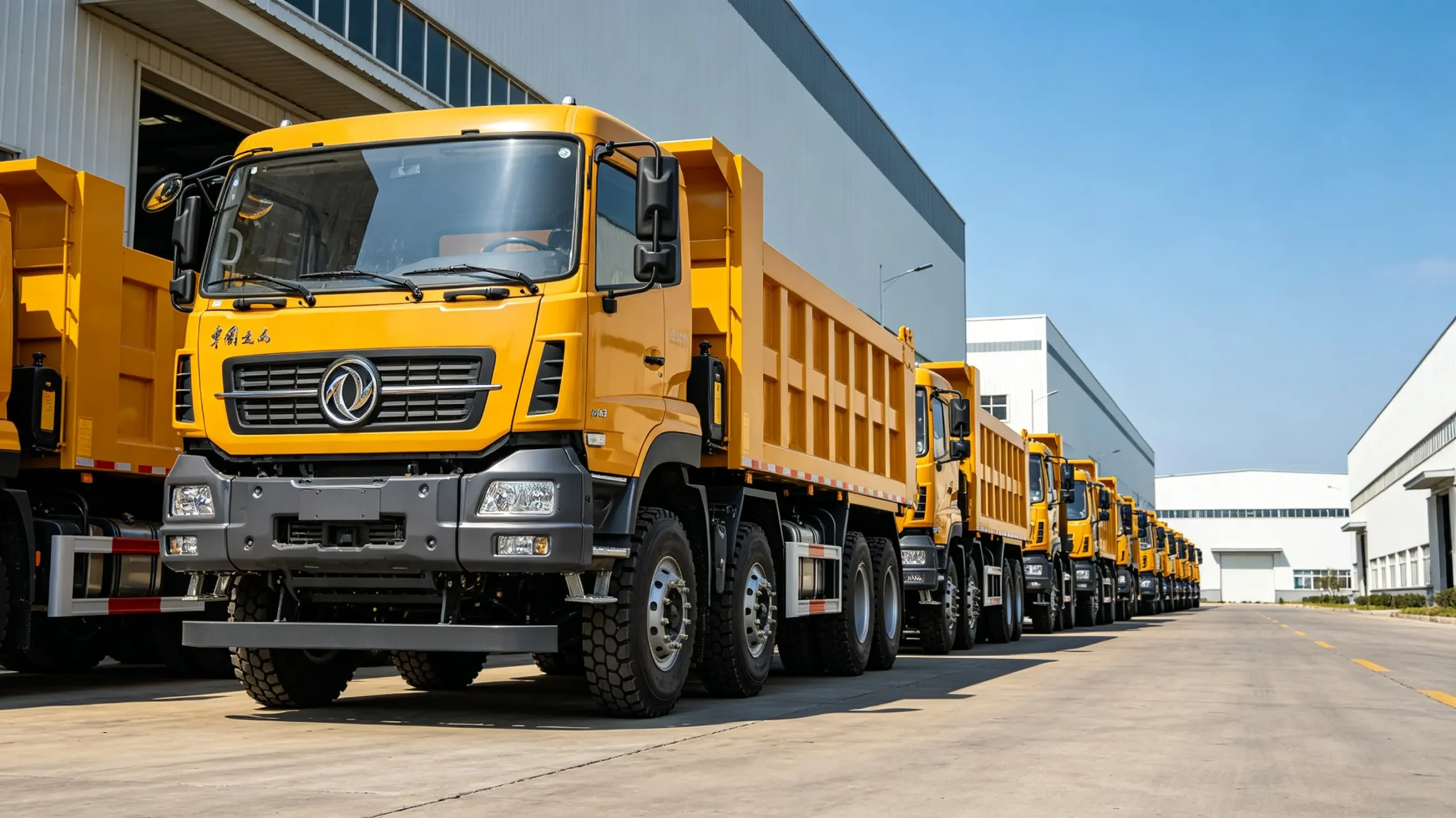 Wholesale trucks from China parked in a modern factory yard for bulk export